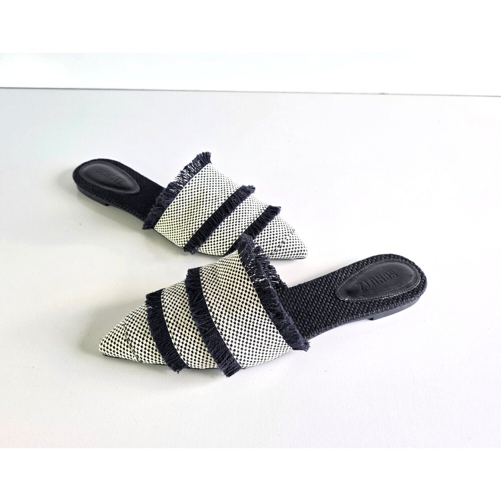 SCHUTZ Black White Woven Mules Pointed Toe Fringe Flats Women's Sz 10 Slip On